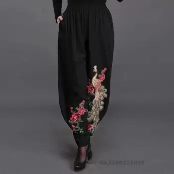 2022 chinês tradicional vintage calça étnica nacional do bordado de flores de calças frouxas oriental harajuku algodão, calças de linho