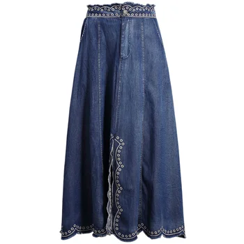 2021 verão novo vintage bordado da saia do denim das mulheres de cintura alta, a indústria pesada de divisão de uma linha de saia