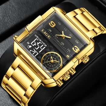 LIGE Homens Relógios de Luxo Business Casual de Ouro, relógio de Pulso Para Homens Militar Impermeável de Aço Inoxidável do Relógio de Quartzo Relógio Masculino+CAIXA