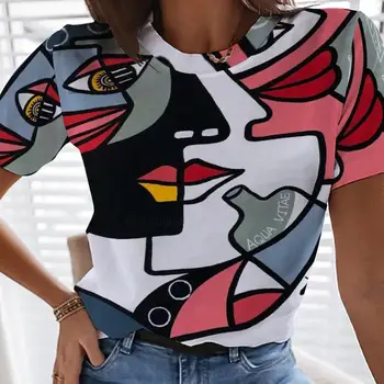 2022 Novo a Primavera E o Verão Graffiti 3d, a Impressão das Mulheres T-shirt Elegante de mangas Curtas com Gola Redonda Top Casual Novo Vintage T-shirt