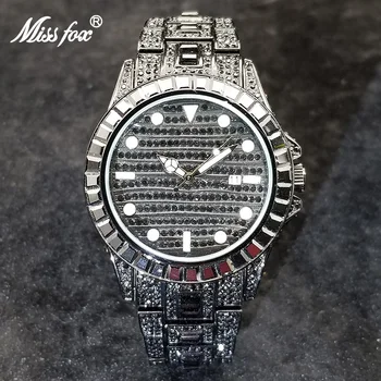 MISSFOX de Hip Hop Black Homens Relógios de Luxo Cheio de Diamante, Quartzo Relógio Personalizado Gelado Fora Luminosa Impermeável Relógio Masculino