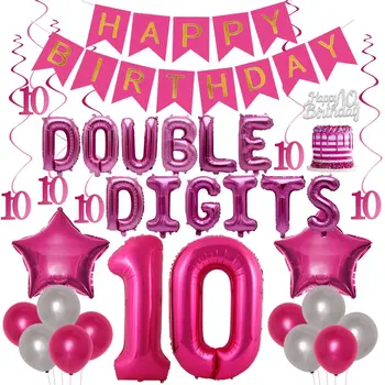 10ª Festa de Aniversário de Decoração para Meninas de 10 Anos de Suprimentos Conjunto de Dígitos Duplos, 10 Balões Banner Bolo Topper Suspensão Redemoinhos