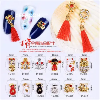 10pcs ano novo prego itens de Fortuna, Gato vermelho Chinês nó Liga 3D da Arte do Prego jóias Glitter nail DIY Strass Decorar
