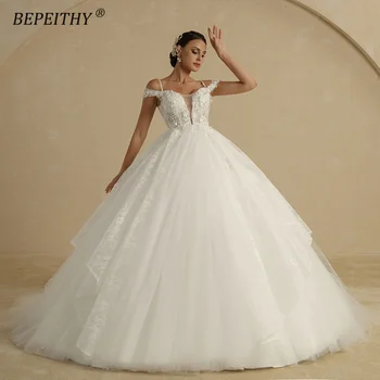 BEPEITHY Noiva Marfim Princesa Vestidos de Noiva Fora Do Ombro Império Laço Flor Branca Vestido de Noiva Para Mulheres 2022 sem Mangas