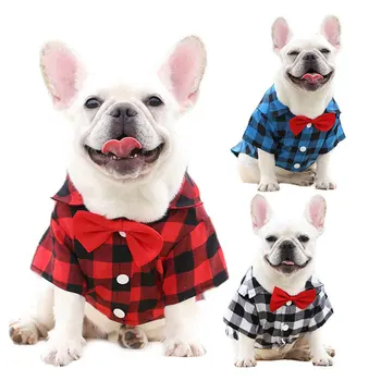 Xadrez Animais de estimação Roupas Pequenas Médias Grandes Cães Shirt Terno do Vestido de Casamento de Bulldog francês Pug Corgi T-shirt com Laço Traje de Animais de estimação