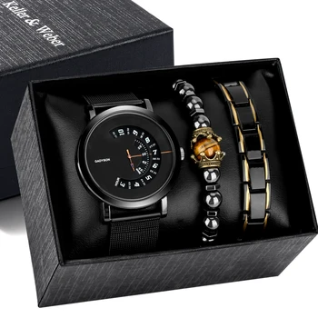 Mens Watch Conjunto com a Caixa de Presente Luxo, mesa Giratória de Quartzo Relógios de pulso esteira de Malha de Aço, Pulseira de Presentes para Namorado Reloj Hombre