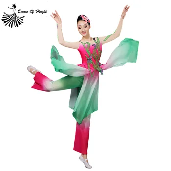 Dança clássica Traje feminino 2 peças de Conjunto de Estilo Chinês de Fadas Moderno Fã de Dança, Traje Yangko Terno Verde Vestido cor-de-Rosa Calça 3XL