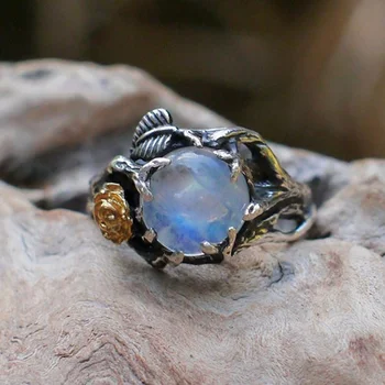 Estilo Vintage Moonstone Ring Forma De Folha Mulheres Anéis De Noivado Charmoso Anel Para As Mulheres Da Estética Romântica Presentes