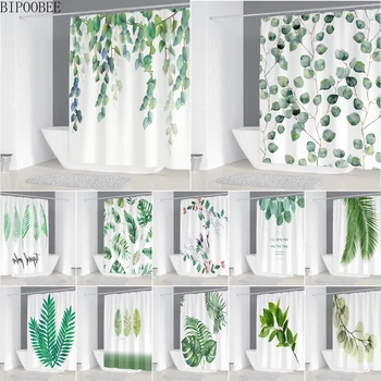 Plantas verdes 3D Cortina de Chuveiro para a Decoração do Banheiro Impermeável Durável Folhas Naturais Impresso Banheira Cortinas com 12 Ganchos