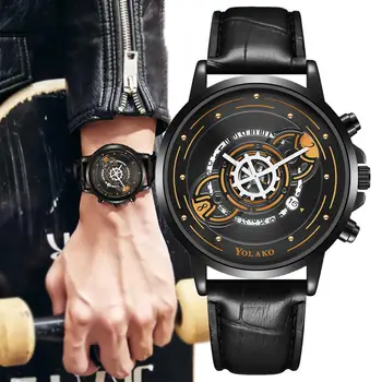 A Marca de moda de Homens Relógios Criativos Engrenagem Mãos Calendário de Design Negócio de relógios de Desporto PU Pulseira de Couro Masculino relógio de Pulso Relógio