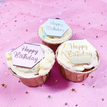 10pcs Definir o Ouro, a Prata Espelho Acrílico Feliz Aniversário Cupcake Topper Cupcakes Cartão de Inserir Bandeira Decorações de bolos para Festa de Aniversário