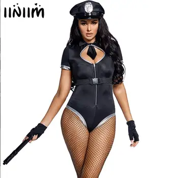 Mulheres De Polícia Função De Jogar Roupas De Halloween Traje Cosplay Conjunto De Cinto De Chapéu, Luvas De Malha De Meias Zíper De Manga Curta, Body