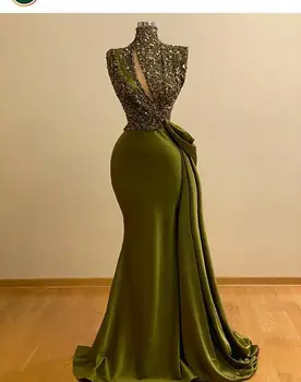 2022 Verde Frisados de Cristal Vintage Sereia Vestidos de Baile Alta Pescoço Vestido de Noite árabe Saudita Longo Vestido Festa Formal فساتين السهرة