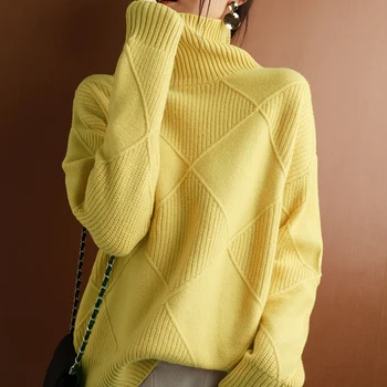 Suéter de Cashmere mulheres camisola de gola alta cor pura malha gola do pulôver 100% pura lã solta grande tamanho camisola das mulheres