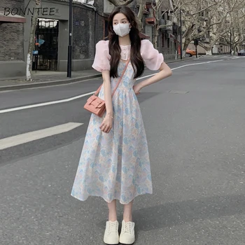 Mulheres Conjuntos De Sopro Camisas De Manga Vestido Floral Doce E Elegante De Verão Concurso De Moda Cintura Alta Jovens De Lazer Popular Coreano Estilo Chique