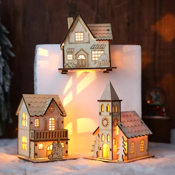 Natal Casa de Madeira com Luz LED Decorações de Natal para a Casa de DIY Árvore de Natal Pendurando Enfeites de Ano Novo, Presentes Crianças de 2023