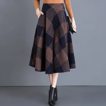Vintage Xadrez da Saia de Mulheres de Outono Inverno da Inglaterra Estilo Cintura Alta Saia de Lã Midi Comprimento Elegante Oversize Senhoras uma linha de saias