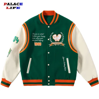 Mens Varsity Jacket Colcha De Retalhos Verde Jaqueta De Beisebol 2022 Primavera Streetwear Solta Bordado Jaqueta Unissex, Roupas Escola