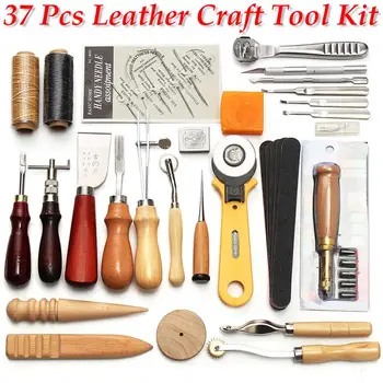 Profissional 37 Pcs Artesanato de Couro Kit de Ferramentas de Mão de Costura de Costura Soco Trabalho de Escultura Para DIY Artesanal de fabricação em Couro, Acessórios