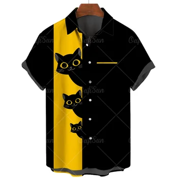 Verão, Praia Havaiana Camisas Retro 3D Gato Animal de Moda Praia, Camisas de manga Curta de grandes dimensões Camisas para Homens Camisa Masculina 5XL