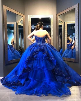Azul Royal Vestido Quinceanera Querida Frisados de Cristal Puffy Saia de Vestidos Para o XV Años Sweet 16 veste do Vestido de soirée