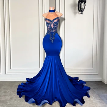 Longos Vestidos De Baile 2023 Elegante Pescoço Alto Luxo Bordado Frisado Azul Royal Elastano Preto-Menina Sereia De Baile, Vestidos De Gala