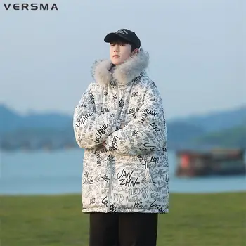 VERSMA Estilo coreano de Roupas de Homens Cartoon Impresso Casaco de Inverno Casaco Masculino Dupla Face Gola de Pele de Inverno da Juventude russa Parkas 5XL