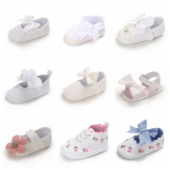 2021 Bebê Primeiro Walker Roupas Sapatos De Bebê Batismo De Bebê Carrinho De Bebê Menina Princesa Pano De Sapatos Arco Sólido Macio Solas De Sapatos