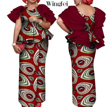 Mulheres africanas Roupas de estampa Floral Plissado Top de Manga de Camisa e Saia Longa de 2 Peças Conjunto Elegante Dashiki Africana Roupas Wy7643