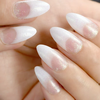 Branco francês Unhas de Glitter, as Unhas STILETTO Médio Senhoras Artificial Dicas de Unhas Ferramentas de Manicure