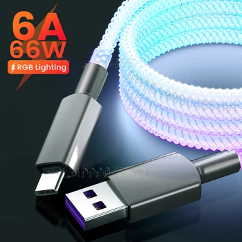 Fluxo Luminoso Iluminação 6A 66W USB Tipo C Cabo Para o Huawei Companheiro de 40 Pro 5A LED USB Tipo C carregador para Xiaomi Samsung OPPO 1M