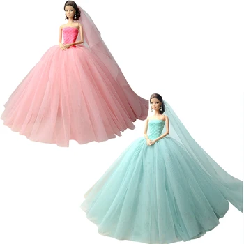 NK 2 Conjunto de Vestido da Boneca Artesanal de Alta qualidade Cauda Longa Noite, Vestido de Roupas Lace Vestido de Noiva +Véu Para a Barbie 1:6 Boneca Melhor Presente