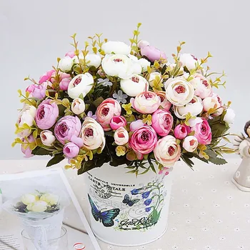 1 Buquê de Flores Artificiais Baixo de Seda Plantas Europeia Queda Pequena de Chá de Broto Falsa Folha de Casamento Festa de Casa, Vasos para Decoração