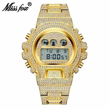 Multifuncional Digital Relógios Para Homens Clássicos De Design De Aço Inoxidável Timer Relógios Incomum Total De Diamante De Hip Hop De Gelo Para Fora Do Ouro Relógio