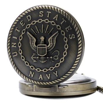 Moda Relógio de Bolso Marinha dos Estados Unidos Colar para Marinheiros Marinho do Mar Homem Dons Retro Bronze de Quartzo Relógios Mens com Corrente