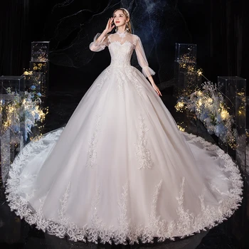 Vestido De Noiva De 2022 Novo, Com Gola Alta, Manga Comprida Vestido De Casamento De Luxo Rendas Bordados Vestidos De Noiva Com Trem Vestido De Noiva