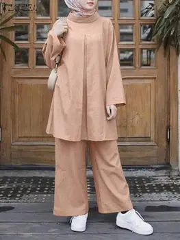 ZANZEA Outono Conjuntos de Correspondência 2pcs Mulheres Muçulmanas Outifits Casual Abaya Islâmica Moda Vestuário Manga Longa Blusa e Calças de Ternos