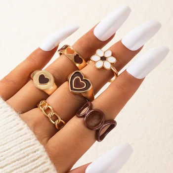 Moda Coração Flor Cadeia de Ouro Conjunto de anéis Para as Mulheres, Jóias Y2K Acessório Feminino Anéis de Dedo de Presente