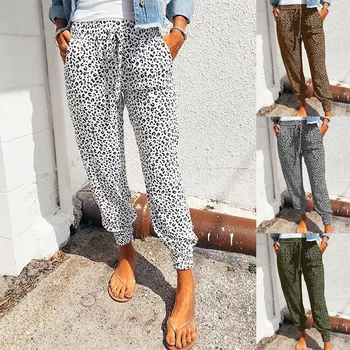 Mulheres Cordão casual calças soltas Casa Calças fêmea de Leopardo Calças de Harém pantalones mujer retro, calças