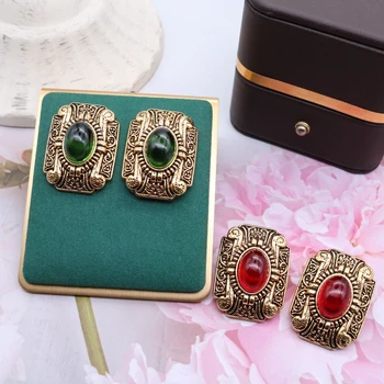 Brincos Vintage Vermelho Retângulo Verde Retro Padrão De Liga De Acessórios Para Senhora Meninas