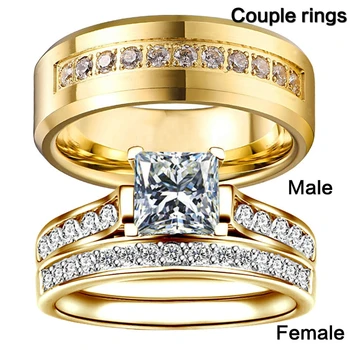 Ouro de Aço Inoxidável Banhado a Par de Anéis Para os Amantes de Casamento Bandas Homens anéis Zircon Senhoras Conjunto de Anel de Jóias Dia dos Namorados