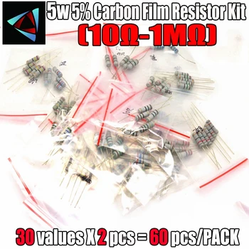 60PCS/MONTE 5W 5% 10R-1M 30Values*2Pcs de resistores de Filme de Carbono, Comumente Kits de Óxido de Metal