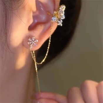Nova Chegada De Cristal Brilhante Borboleta Ear Cuff Clipe De Brincos Para Mulheres Moda De Borla Cadeia De Flor Brincos Jóias De Casamento