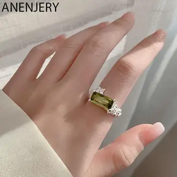 ANENJERY Praça Verde Zircão anilhas Abertas para as Mulheres de Luxo Abrir Anéis de Dedo de Jóias Atacado
