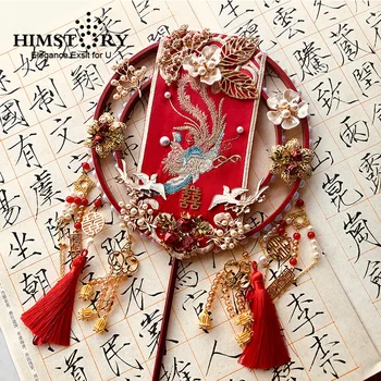 HIMSTORY Luxo Vermelho Bordado Phoenix Chinês Bouquets de Noiva Fã de Franjas Vermelhas Duplo Círculo Mão Buquê de Noiva Acessórios