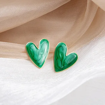 Moda Verde Grande em Forma de Coração Orelha Studs Menina Bonita coreano Amor Gota de Esmalte Estética da Jóia Piercing, Brincos para Mulheres