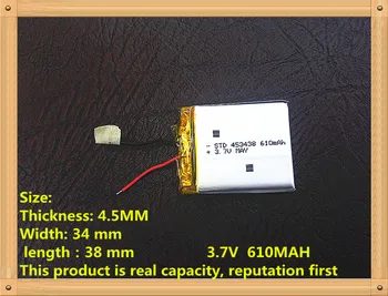 3,7 V,610mAH,[453438] Polímero de lítio ion / Li-íon para MP3,MP4,alto-FALANTE,bluetooth,GPS,brinquedo,smart watch