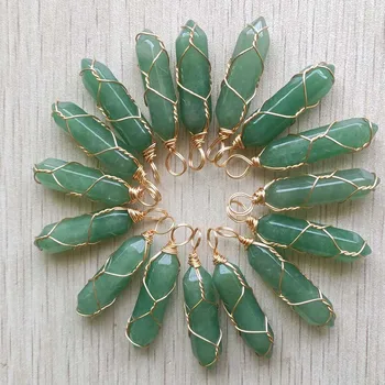 Natural aventurina verde feito à mão cor de ouro fio pilar forma de pingentes para fazer jóias Atacado, transporte livre 24pcs/monte
