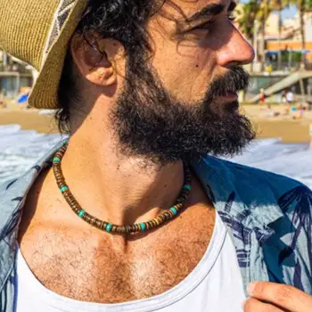 Surfista Mens Gargantilha - Casca de Coco e Turquesa Boho Gargantilha Para Homens com pedaços Tribais Africanos de Madeira Gargantilha
