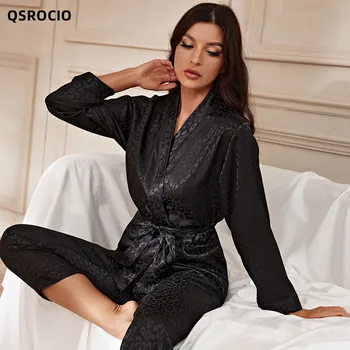 QSROCIO Mulheres Pijama Conjunto Preto Leopardo de Pijamas de Seda Como Homewear Simples Camisola Elegante Casa de Roupa пижама женска